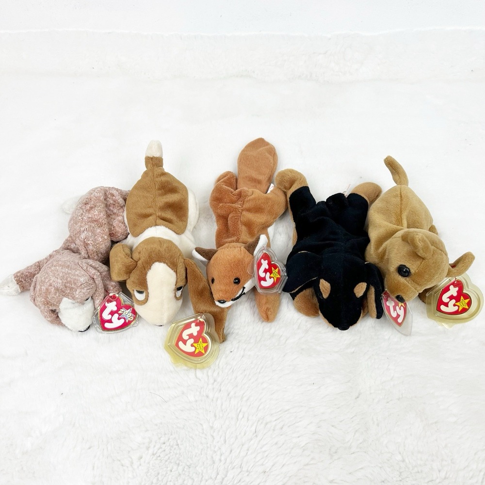 Lot of 5 Ty Beanie Babies Dogs Fox Sniffer Tracker Doby Sly Tiny All With Tags
